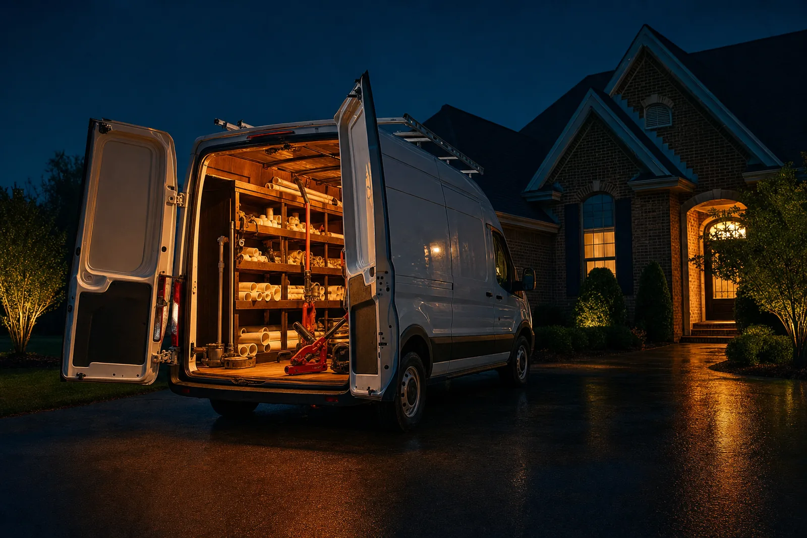 A fully stocked plumbing work van parked at a house at night