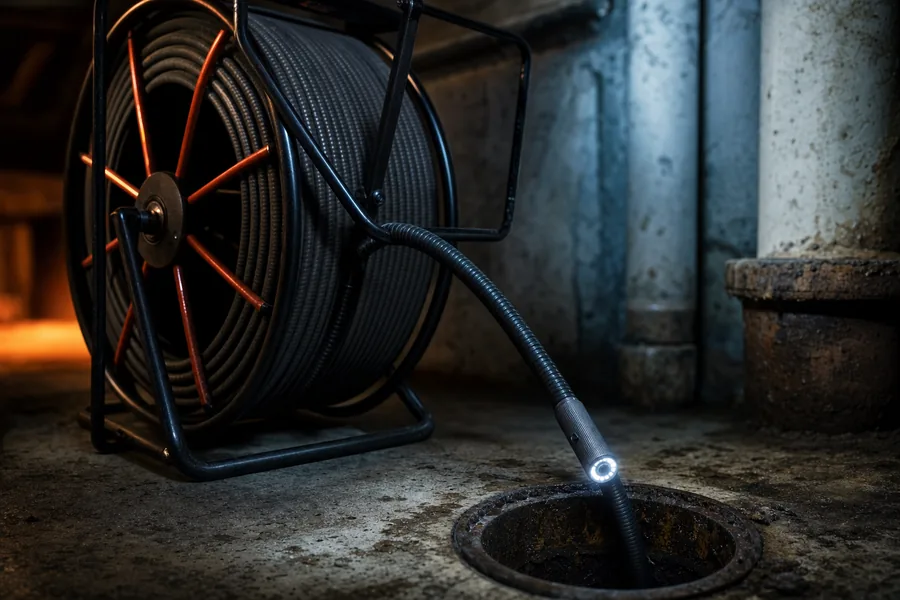 Sewer inspection camera being fed into a floor drain cleanout